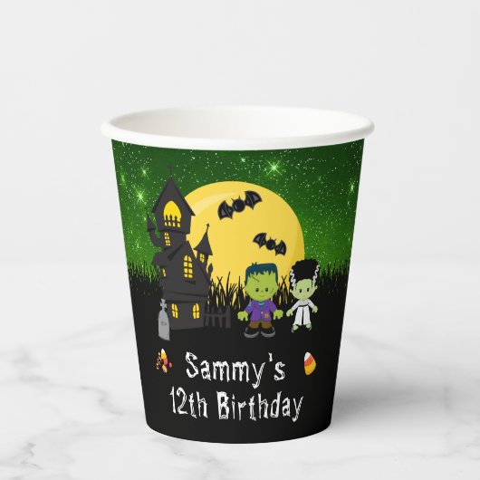 Halloween Birthday Party Monsters Green Papieren Bekers (Voorkant)