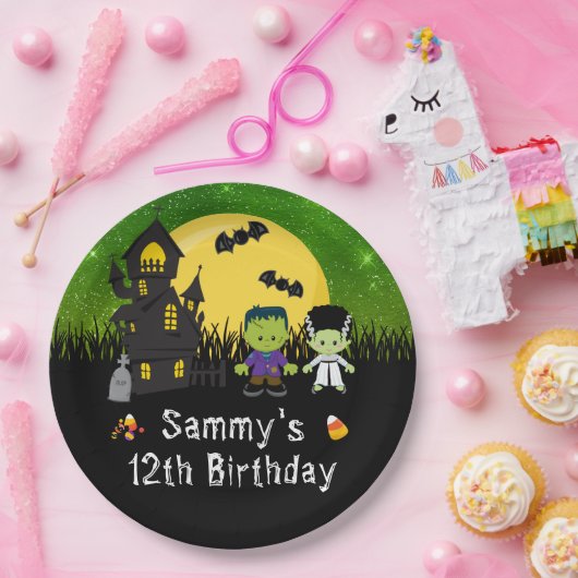 Halloween Birthday Party Monsters Green Papieren Bordje (Feest)