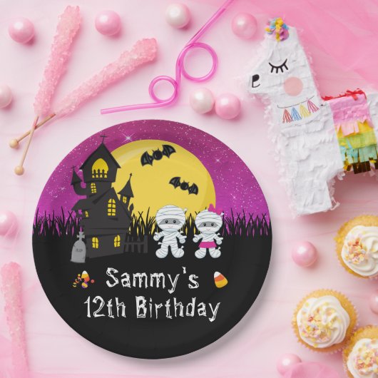 Halloween Birthday Party Mummy Pink Papieren Bordje (Feest)