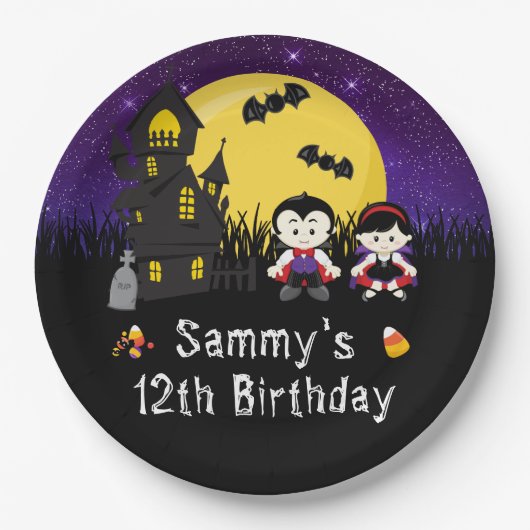 Halloween Birthday Party Vampires Paars Papieren Bordje (Voorkant)