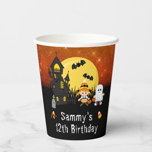 Halloween Birthday Party Witch Ghost Sinaasappel Papieren Bekers (Achterkant)