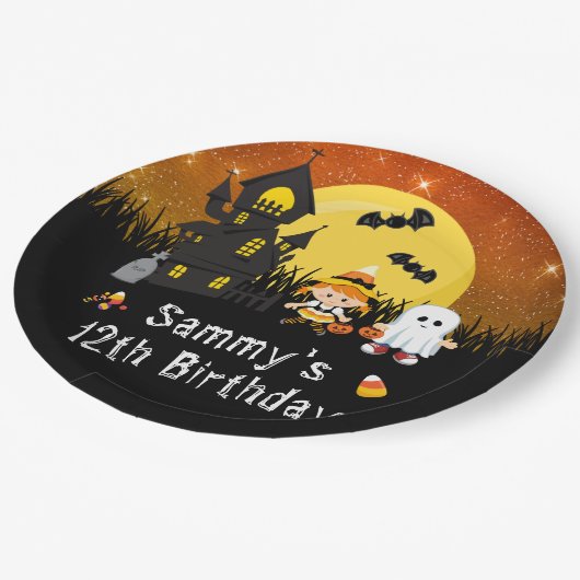 Halloween Birthday Party Witch Ghost Sinaasappel Papieren Bordje (Gekanteld)