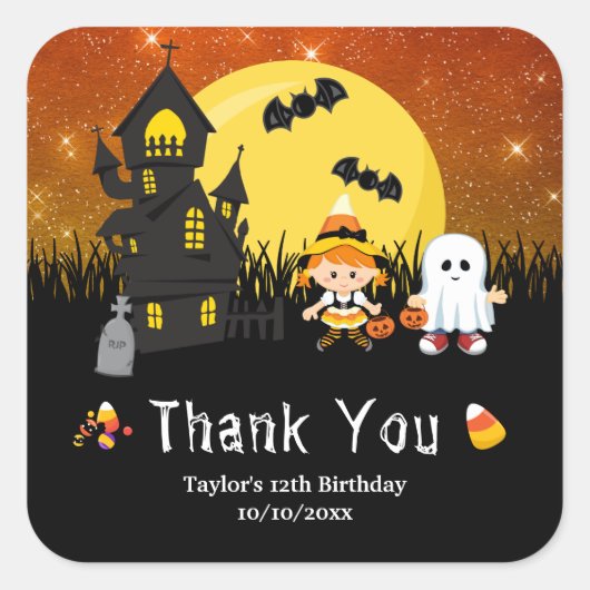 Halloween Birthday Party Witch Ghost Sinaasappel Vierkante Sticker (Voorkant)
