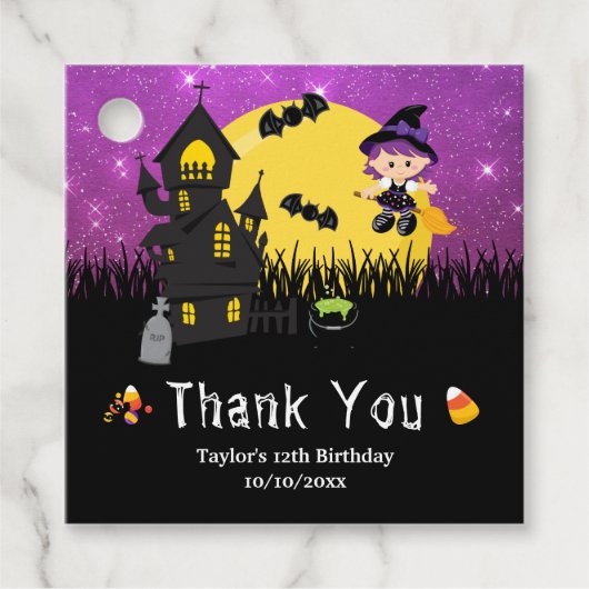 Halloween Birthday Party Witch Paars Bedankjes Labels (Voorkant)