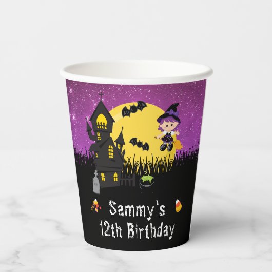 Halloween Birthday Party Witch Paars Papieren Bekers (Achterkant)