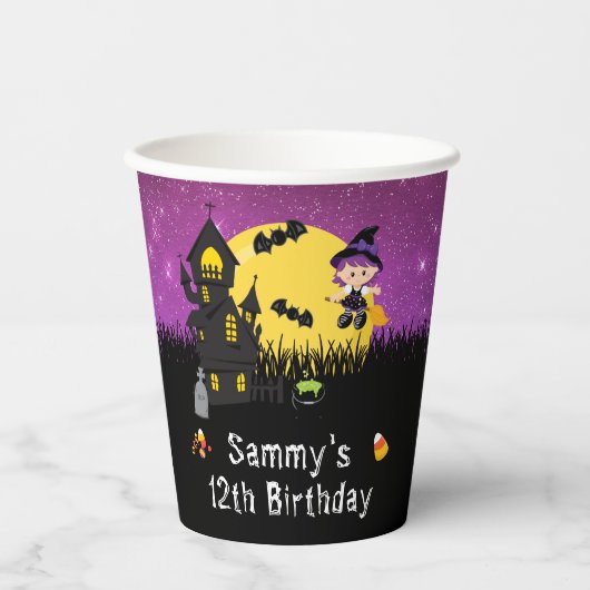 Halloween Birthday Party Witch Paars Papieren Bekers (Voorkant)