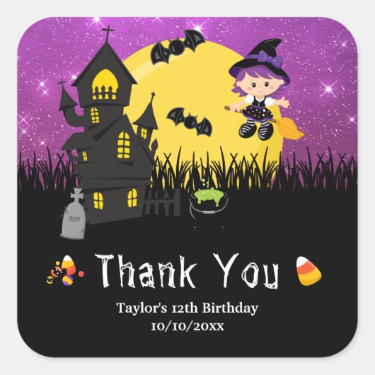 Halloween Birthday Party Witch Paars Vierkante Sticker (Voorkant)