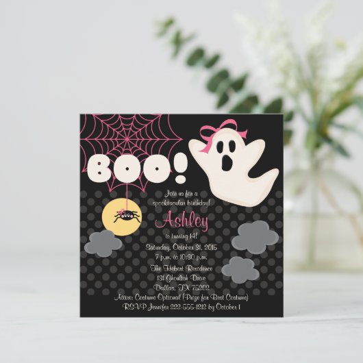 Halloween Birthday Pink Ghost Uitnodigingen (Staand voorkant)