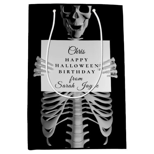 Halloween Birthday Spooky Skeleton Custom Black Medium Cadeauzakje (Voorkant)