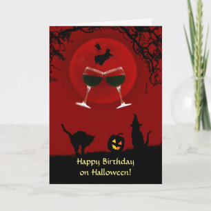 Halloween Birthday Wine Witch Cats and Pumpkin Kaart