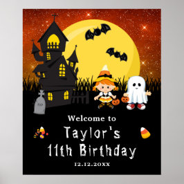 Halloween Birthday Witch Ghost Oranje Welkomstteke Poster
