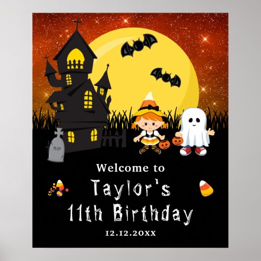 Halloween Birthday Witch Ghost Oranje Welkomstteke Poster (Voorkant)