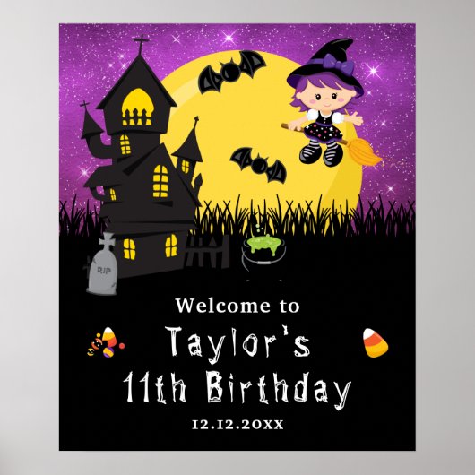 Halloween Birthday Witch Paars Welkomstteken Poster (Voorkant)