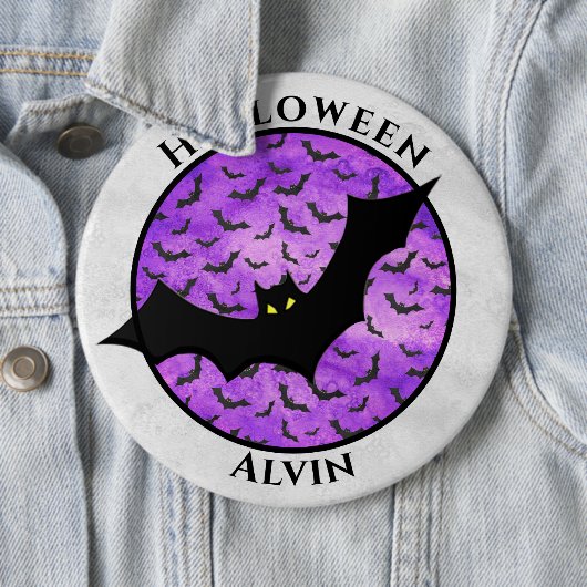 Halloween Black Bat Random Pattern Paars BG Ronde Button 6,0 Cm (In situ)