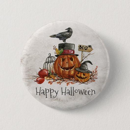 Halloween Black Bird en pompoenen | Button (Voorkant)