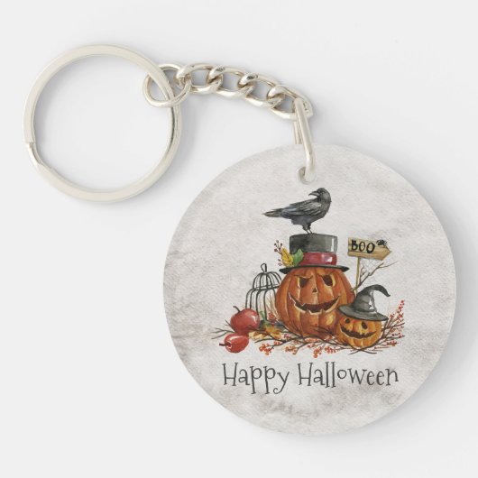 Halloween Black Bird en pompoenen | Button Sleutel Sleutelhanger (Voorkant)