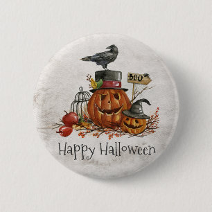 Halloween Black Bird en Pumpkins   Button