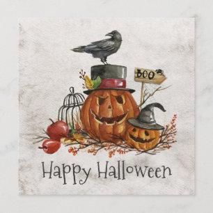 Halloween Black Bird & Pumpkins Invitation Kaart