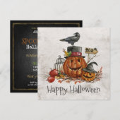 Halloween Black Bird & Pumpkins Uitnodiging (Voorkant / Achterkant)