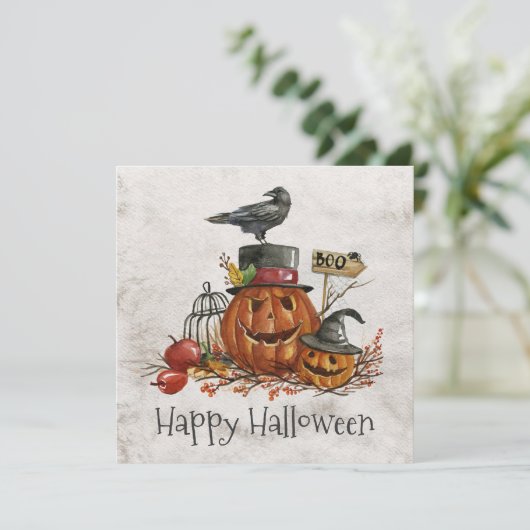  Halloween Black Bird & Pumpkins Uitnodiging (Staand voorkant)