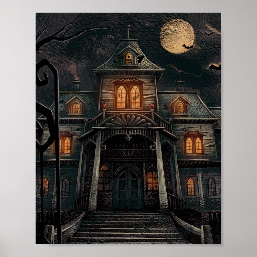 Halloween Black Blue Oranje Haunted Manor Poster (Voorkant)