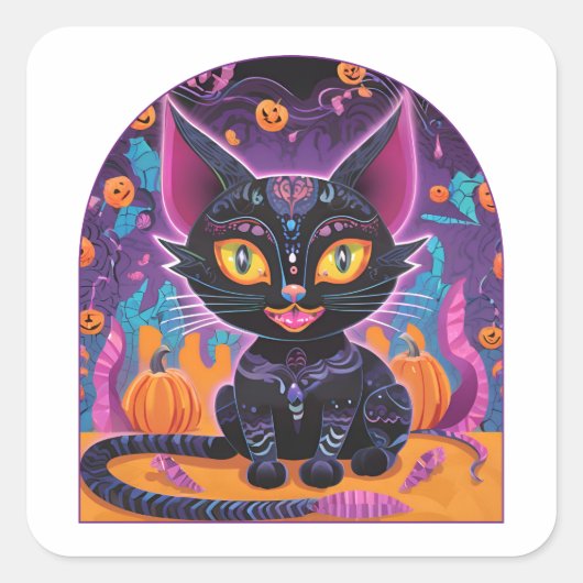 Halloween Black Cat Alebrije Vierkante Sticker (Voorkant)