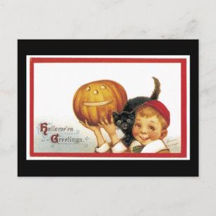 Halloween Black Cat and Boy Briefkaart