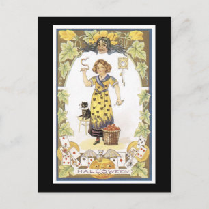 Halloween Black Cat and Girl Briefkaart