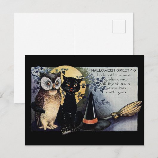 Halloween Black Cat and Owl Briefkaart (Voorkant / Achterkant)