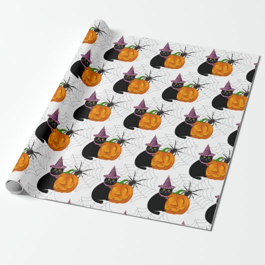 Halloween Black Cat and Pumpkin Pattern Craft Cadeaupapier (Uitgerold)