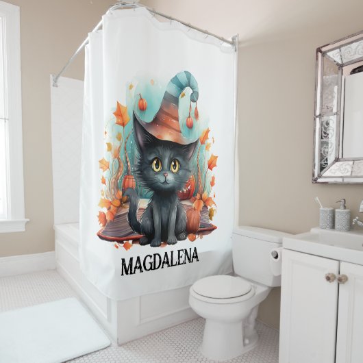 Halloween Black Cat Autumn Witchy Douchegordijn (In situ)