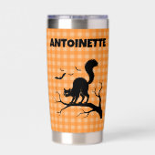 Halloween Black Cat & Bats Orange Plaid Name Geïsoleerde Drinkbeker (Achterkant)