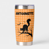 Halloween Black Cat & Bats Orange Plaid Name Geïsoleerde Drinkbeker (Voorkant)