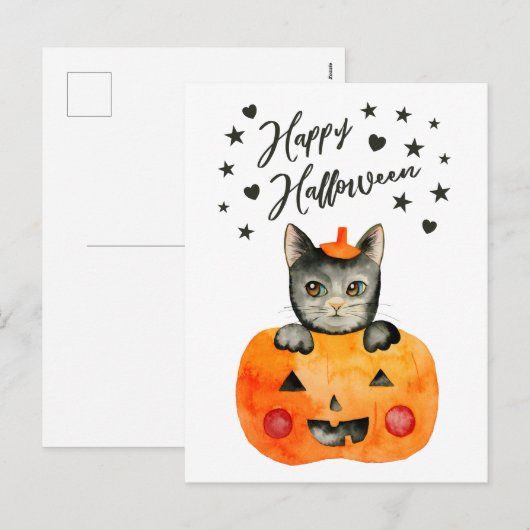 Halloween Black Cat beroemd gemaakt door Jack O' L Feestdagenkaart (Voorkant / Achterkant)