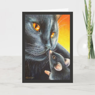 Halloween Black Cat & Black Mouse Waterverf Art Kaart