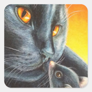 Halloween Black Cat & Black Mouse Waterverf Art Vierkante Sticker