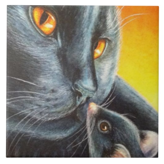 Halloween Black Cat & Black Mouse Waterverf Tegeltje (Voorkant)