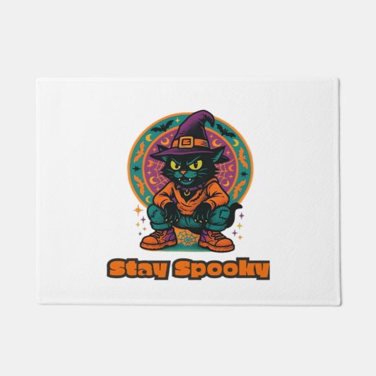 Halloween Black Cat - Blijf Spooky Retro Witch Cat Deurmat (Voorkant)