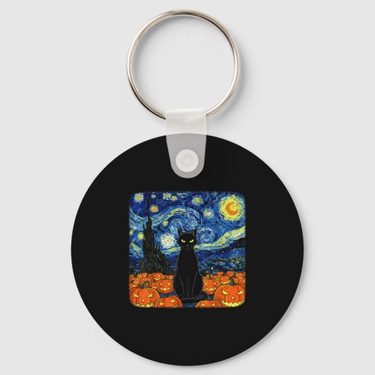 Halloween Black Cat Costume Van Gogh Starry Night  Sleutelhanger (Voorkant)