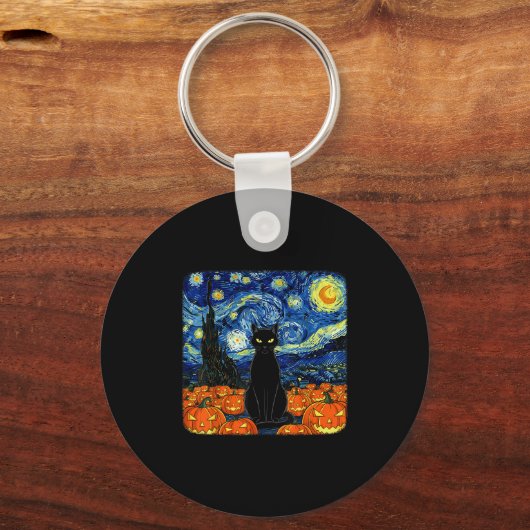 Halloween Black Cat Costume Van Gogh Starry Night Sleutelhanger (Voorkant)