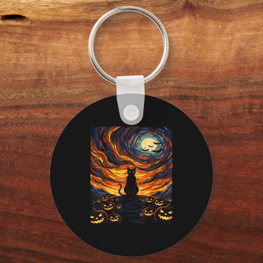 Halloween Black Cat Costume Van Gogh Starry Night Sleutelhanger (Voorkant)