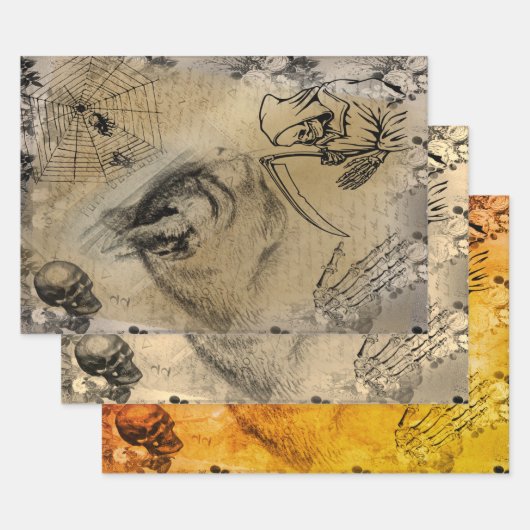 Halloween Black Cat, Death and Spider Ephemera Inpakpapier Vel (Set)