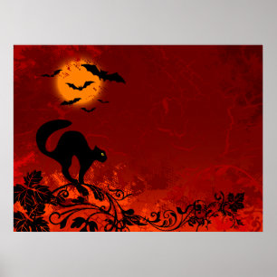 Halloween Black Cat en Bats Poster