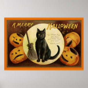 Halloween Black Cat en gekraakte pompoenen Poster