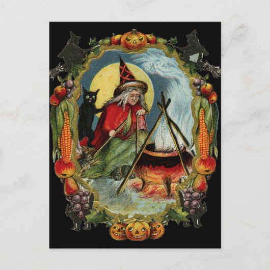 Halloween Black Cat en heks Briefkaart (Voorkant)