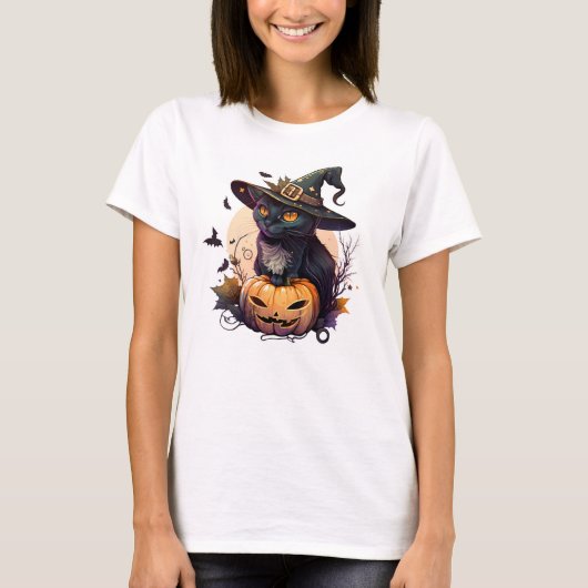 Halloween Black Cat en Jack-o-lantaarn T-shirt (Voorkant)