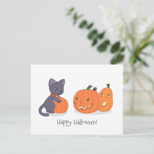Halloween Black Cat en Pomkins Briefkaart (Staand voorkant)