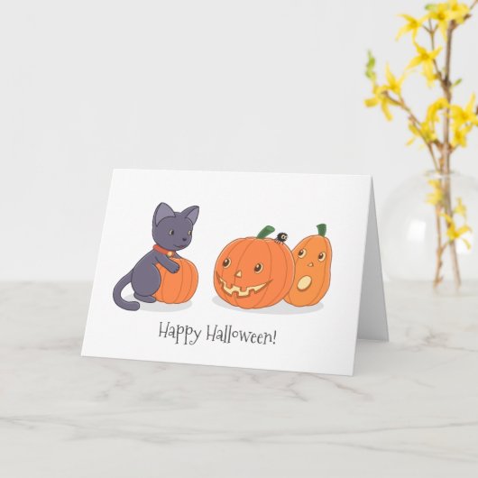 Halloween Black Cat en Pomkins Kaart (Gele Bloem)