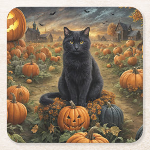 Halloween Black Cat en Pomkins Kartonnen Onderzetters