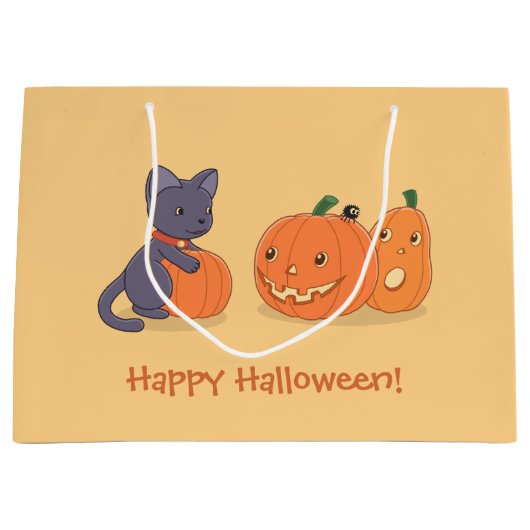 Halloween Black Cat en pompoenen op Sinaasappel Groot Cadeauzakje (Voorkant)